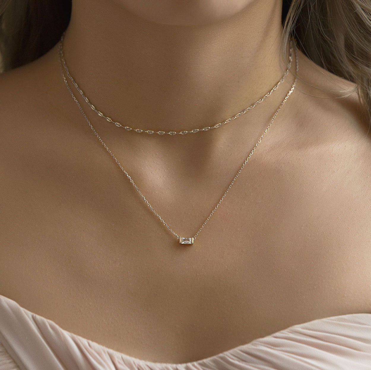 Bridesmaid wearing Silver Chain Choker and Baguette Layered Necklace