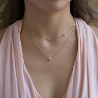 Bridesmaid wearing pink dress and Solitaire Crystal Choker and Solitaire Layered Necklace