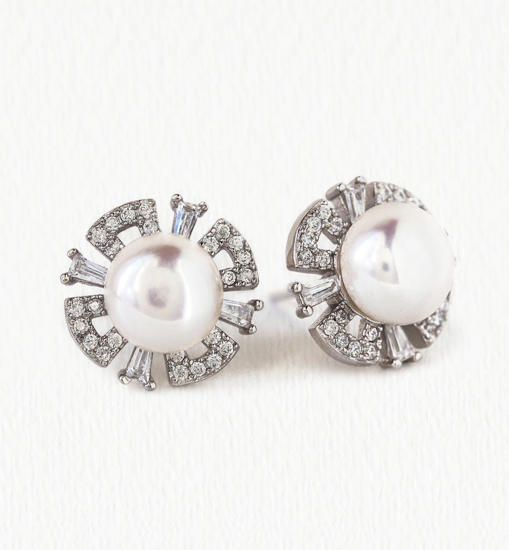 Deco Pearl Stud Earrings - Amy O. Bridal