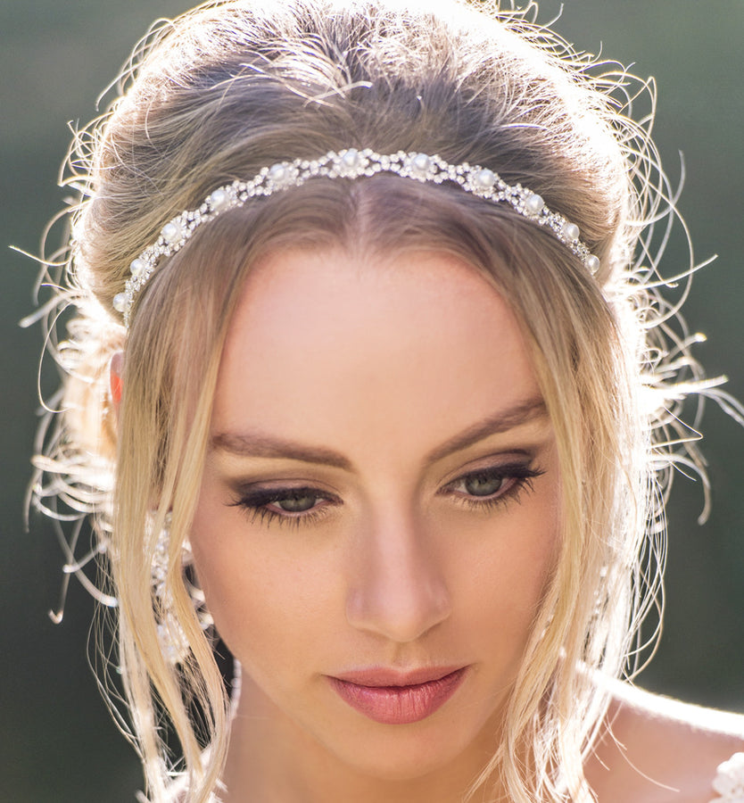 Amy O Bridal Eden Pearl & Crystal Headband 18K White Gold Pearl Bridal Headband | Pearl Headpiece, Classic Hair Piece  main image 3