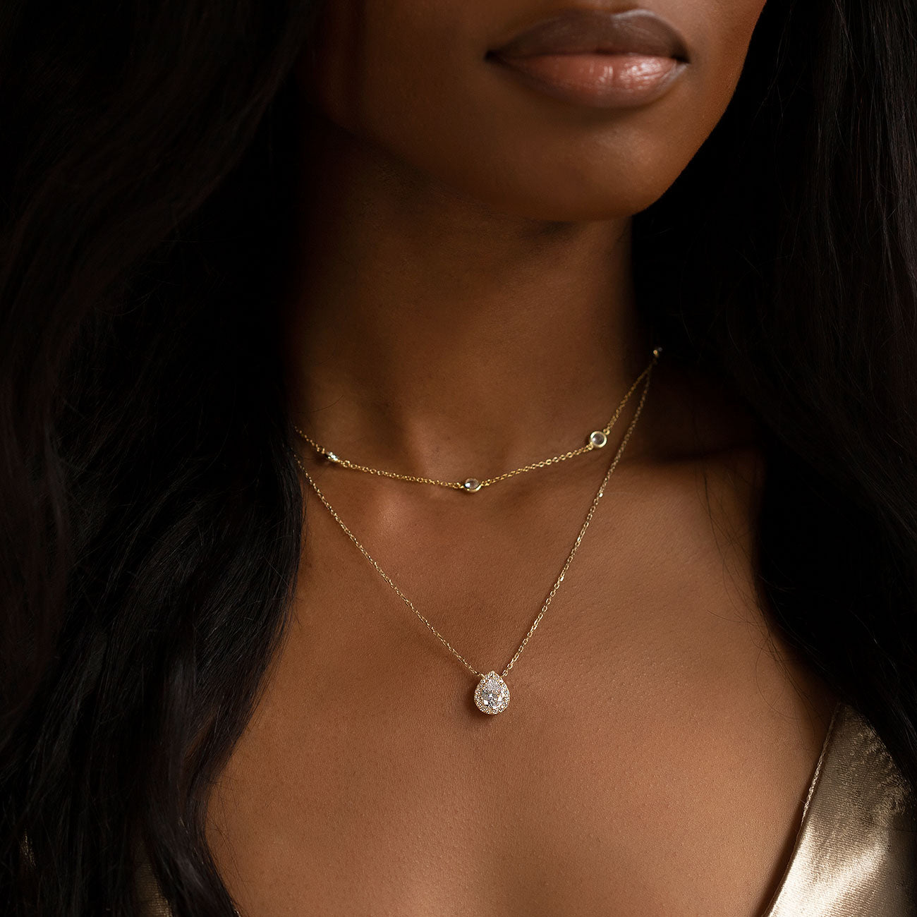 Crystal Chain Teardrop Layered Necklace