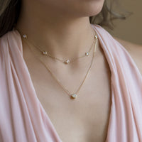 Bridesmaid wearing Gold Choker and Solitaire Layered Necklace