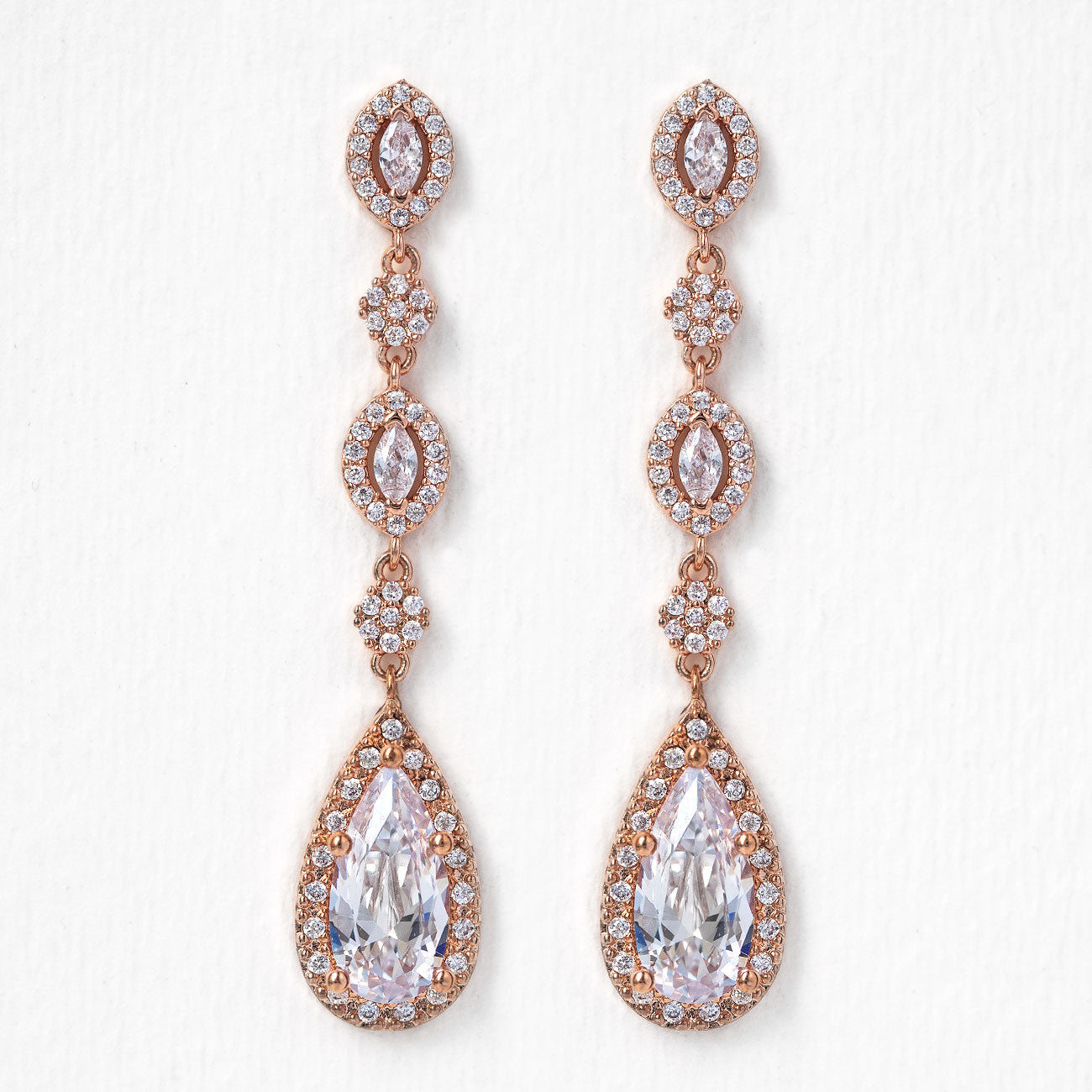 Crystal Long Drop Bridal Earrings Rose Gold
