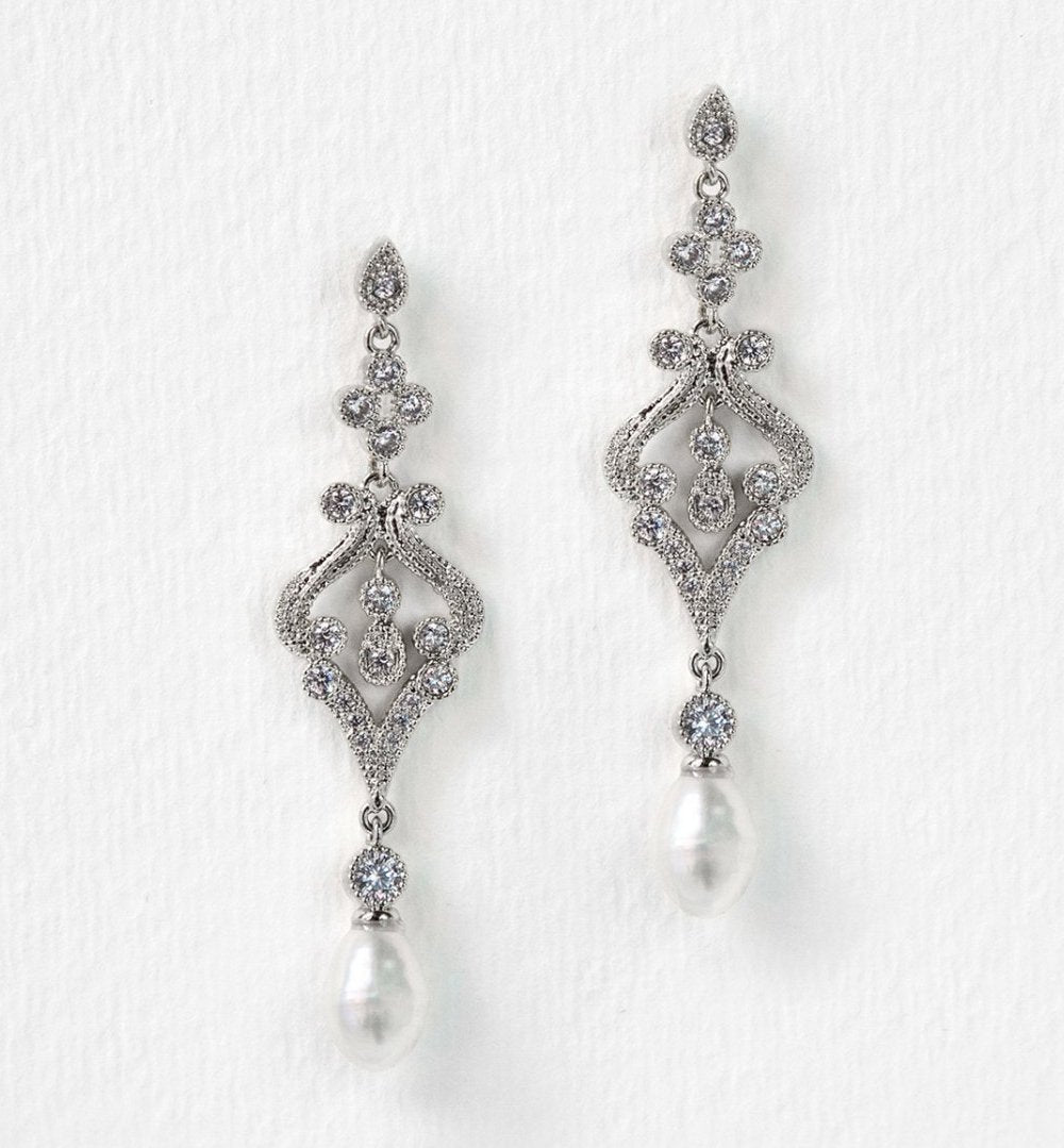 Jolie Vintage Pearl Long Drop Earrings - Amy O. Bridal