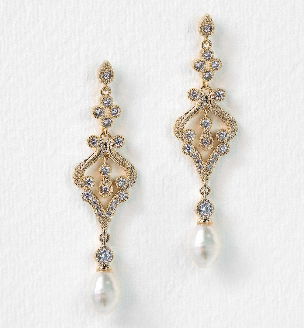 Jolie Vintage Pearl Long Drop Earrings - Amy O. Bridal