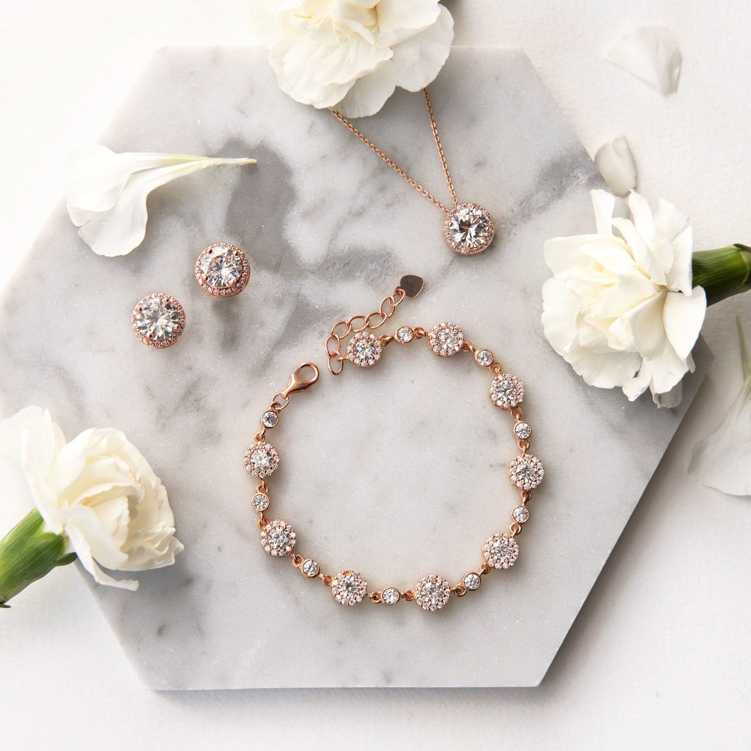 Glitz & Love Statement Princess Rose Gold Necklace | Bridal Brides Wedding Jewelry with Backdrop / with Earrings / with Bracelet