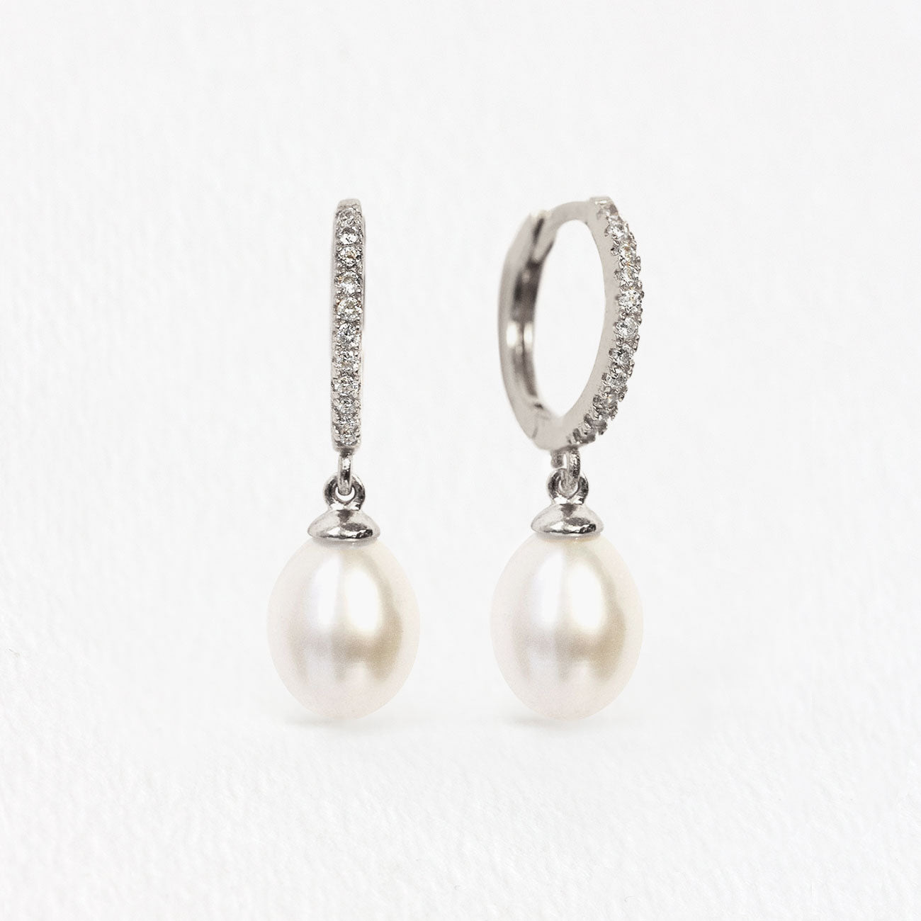 Bridal Jewelry, Sterling Silver Hoop Pearl Earrings Huggie