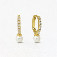 Tiny Pave Gold Pearl Huggie Earrings