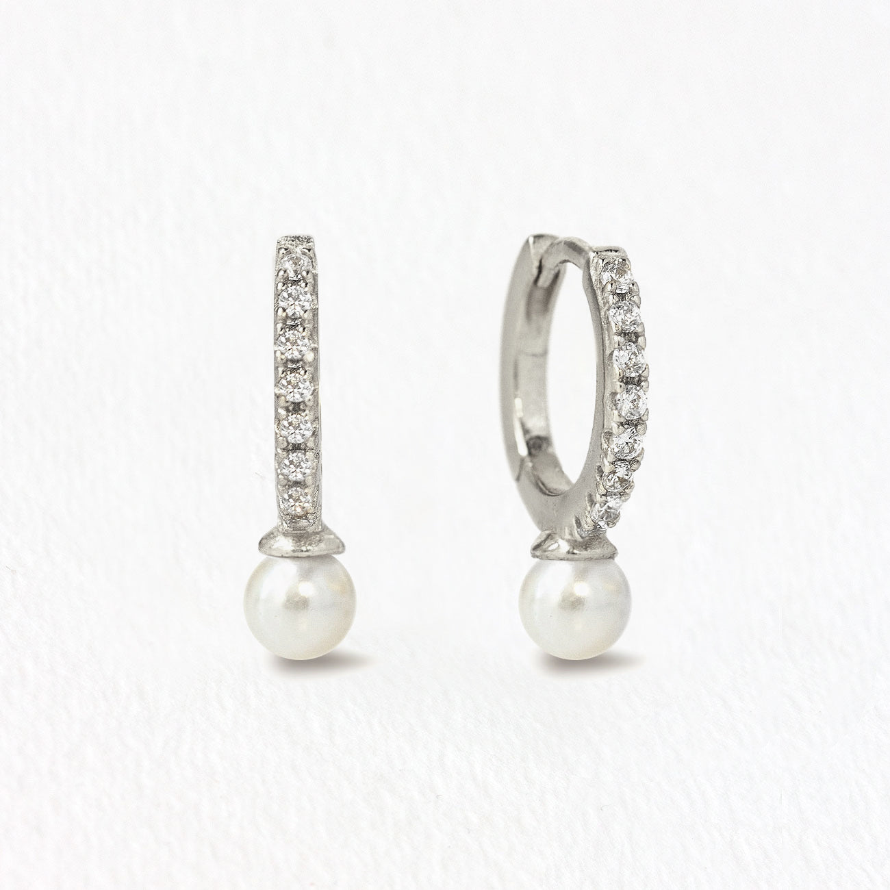 Sterling Silver Pave Pearl Huggie Earrings