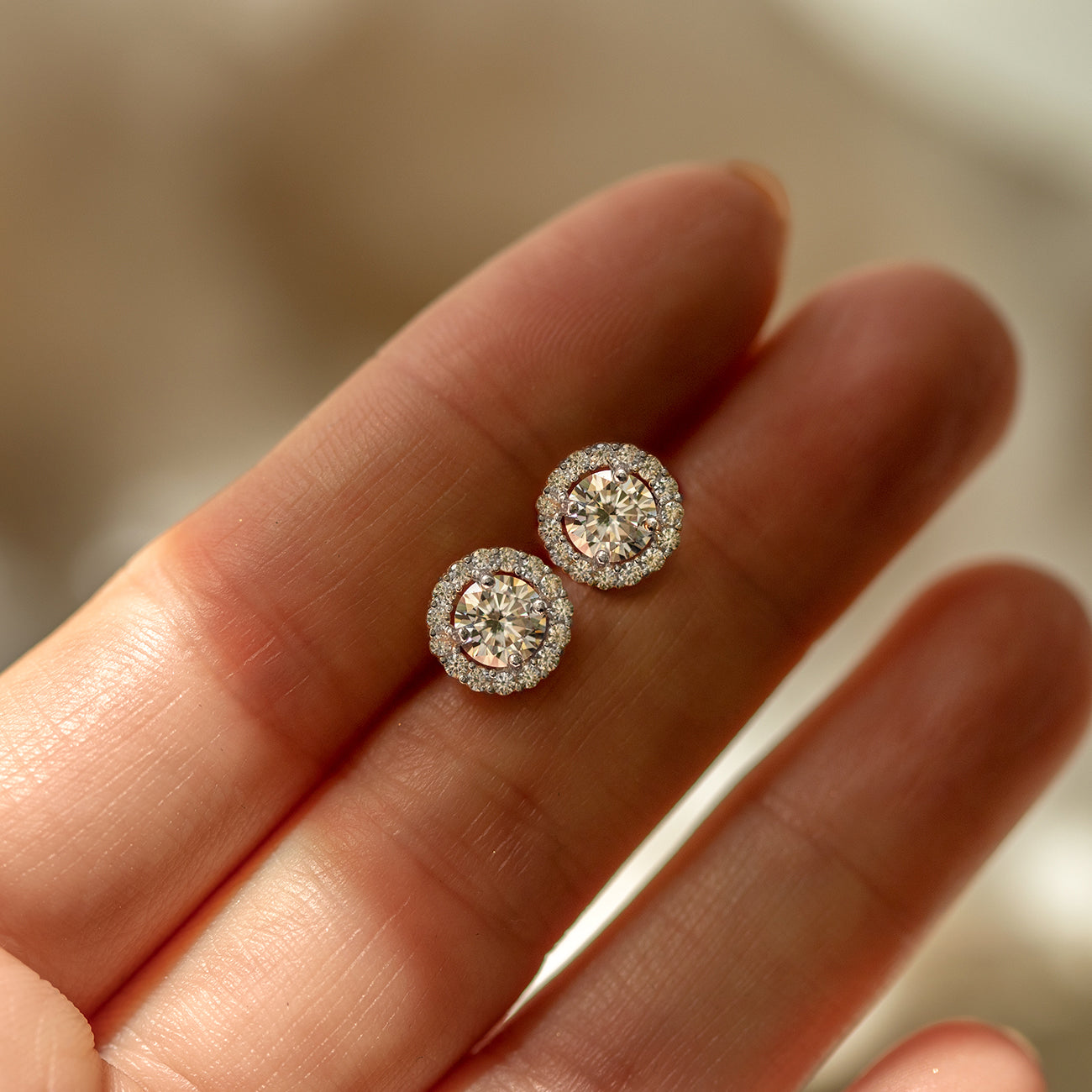 Diamond Stud Earrings with Halo Round | Ouros Jewels