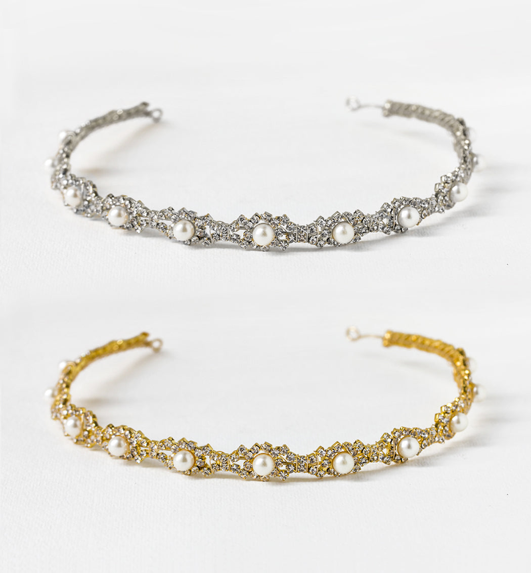 Pearl Beaded Crown Headband | Pearl Accessories - Nickel and Suede