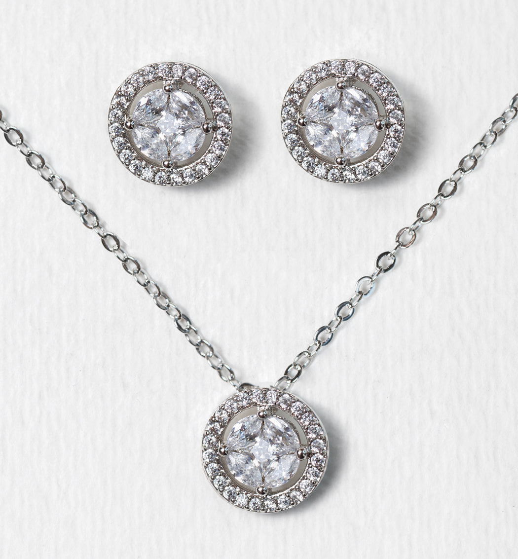 White Gold Crystal Necklace and Stud Earrings Bridal Jewelry Set