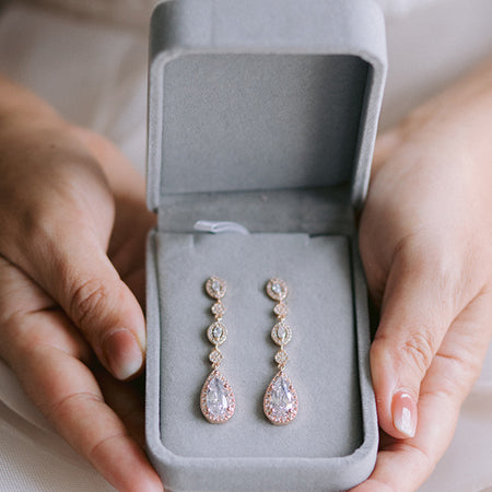 Bridal Jewelry, Rose Gold Earrings, Long Drop Earrings, Wedding Jewelry, Teardrop Earrings, Wedding Earrings, Crystal Earrings, E146